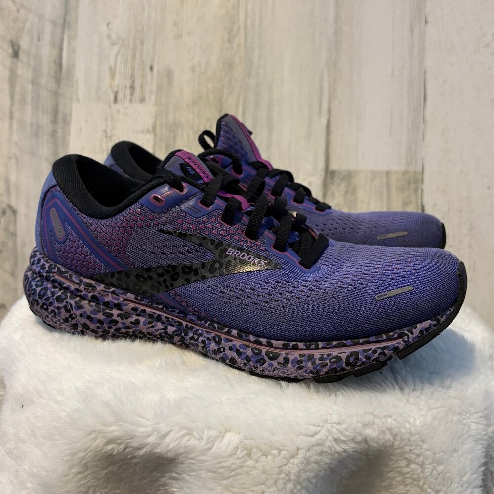 Brooks Women's Size 8.5 Ghost 14 Road Running Sneakers Purple Leopard Shoes